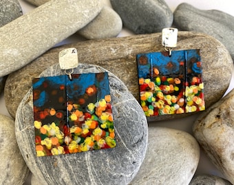 One Of a Kind Artistic Square Earrings, Upcycled and Eco-friendly Jewelry Made from Bicycle Inner Tube Rubber, Statement  Earrings