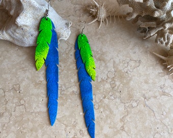 Neon Delight: Blue-Green Upcycled Bicycle Inner Tube Long Birdpen Shaped Earrings, Sustainable and vegan jewelry, Magenta Red Earrings