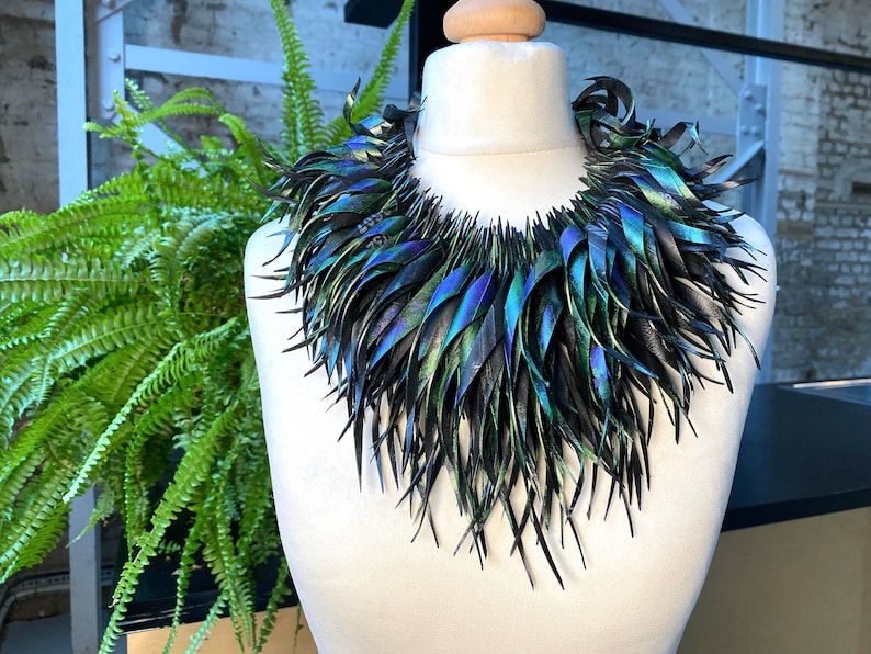 peacock purple blue statement tassel necklace, recycled bike tyre rubber eco-friendly jewellery by laura zabo