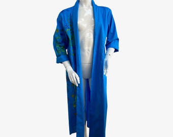 Bright Blue Cover Up Kimono Cardigan - Spring kimono  - Shirt  Dress - Beach Cover up - 100% Cotton Maxi dress - Medium Size