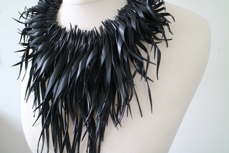bold large black statement necklace made out of recycled upcycled bike tyre rubber inner tube by Laura Zabo, bib necklace