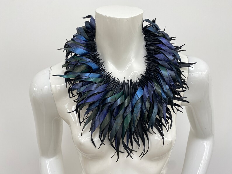 peacock purple blue statement tassel necklace, recycled bike tyre rubber eco-friendly jewellery by laura zabo