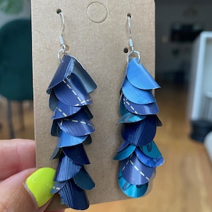 Upcycled Nespresso Earrings: Cascading Blue Aluminum Discs, Hypoallergenic