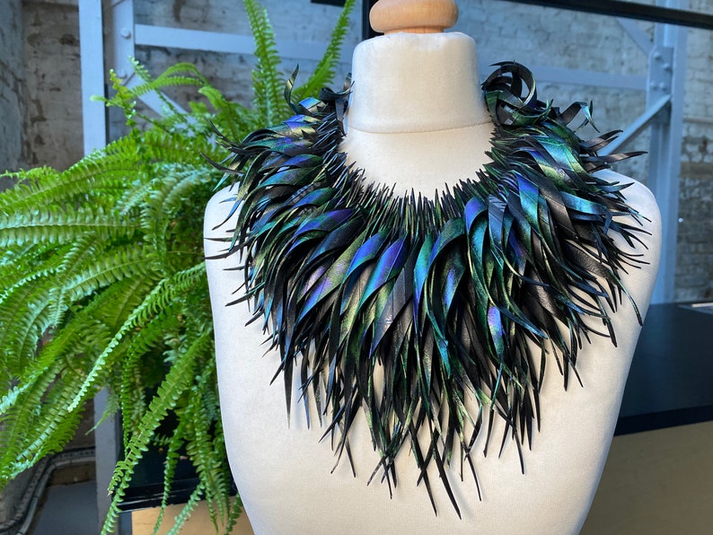 peacock purple blue statement tassel necklace, recycled bike tyre rubber eco-friendly jewellery by laura zabo