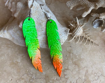 Neon Delight: Green-Orange Upcycled Bicycle Inner Tube Long Birdpen Shaped Earrings, Sustainable and vegan jewelry, Magenta Red Earrings