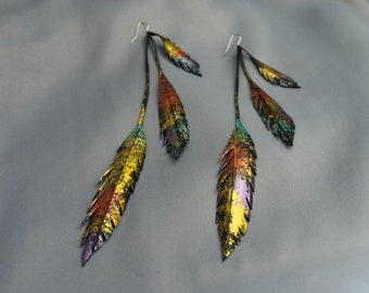 Extra Long Metallic gold bronze painted recycled bicycle tyre rubber leaf earrings, festival and party earrings jewellery by Laura Zabo