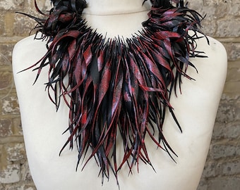 Bold Black-Metallic Red Statement necklace, made out of a scrap bicycle tyre rubber, Eco and Vegan friendly gift, Xmas Gift