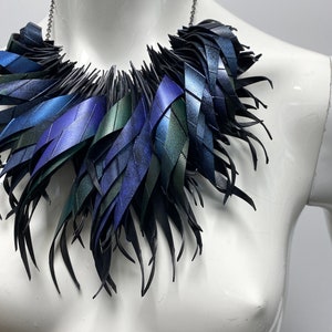 peacock purple blue statement tassel necklace, recycled bike tyre rubber eco-friendly jewellery by laura zabo