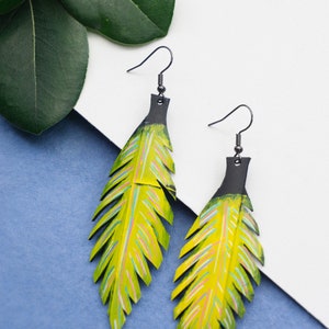 yellow  leaf earrings bold statement earrings made out of scrap tyre rubber bicycle inner tube, handmade in England