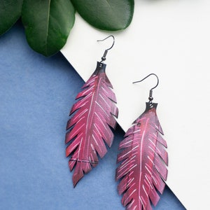 claret leaf earrings bold statement earrings made out of scrap tyre rubber bicycle inner tube, handmade in England