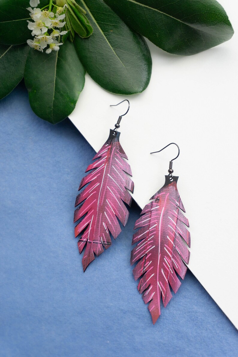 claret leaf earrings bold statement earrings made out of scrap tyre rubber bicycle inner tube, handmade in England