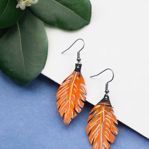 orange  leaf earrings bold statement earrings made out of scrap tyre rubber bicycle inner tube, handmade in England