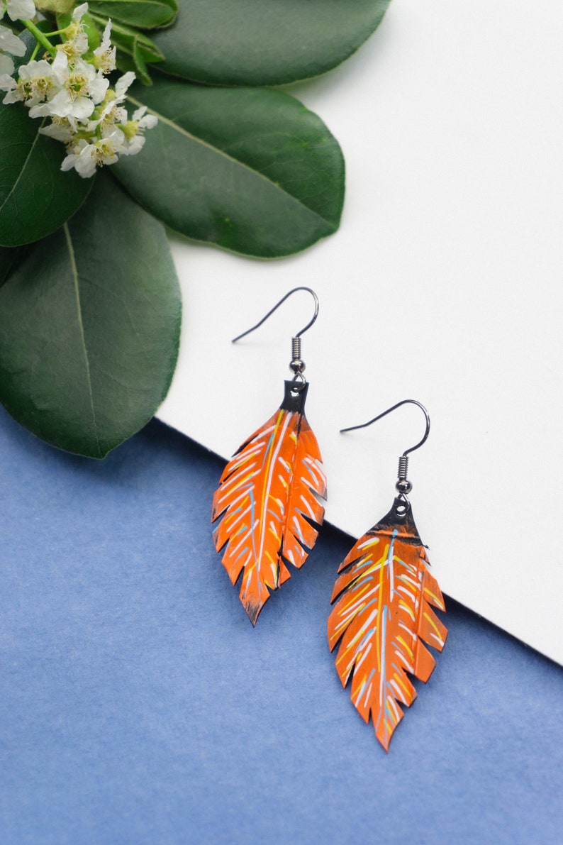 orange  leaf earrings bold statement earrings made out of scrap tyre rubber bicycle inner tube, handmade in England