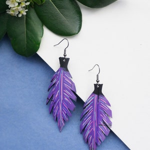 purple  leaf earrings bold statement earrings made out of scrap tyre rubber bicycle inner tube, handmade in England