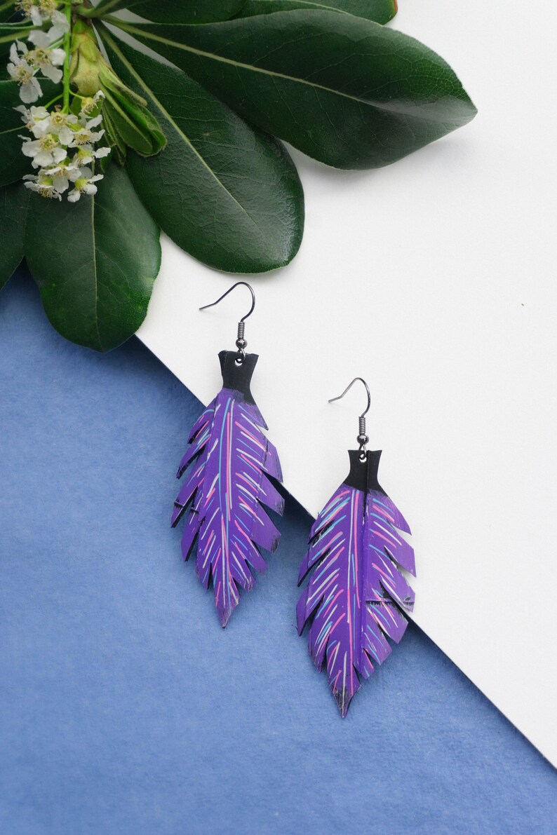 purple  leaf earrings bold statement earrings made out of scrap tyre rubber bicycle inner tube, handmade in England