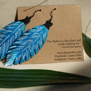 blue leaf earrings bold statement earrings made out of scrap tyre rubber bicycle inner tube, handmade in England