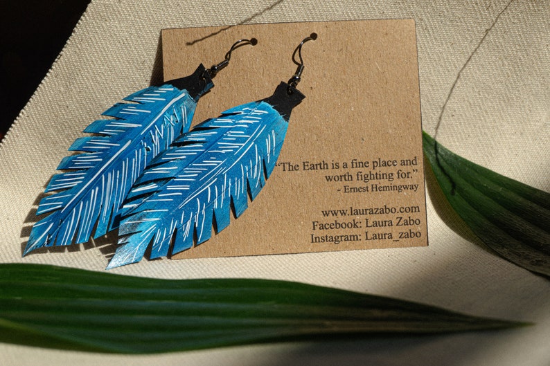 blue leaf earrings bold statement earrings made out of scrap tyre rubber bicycle inner tube, handmade in England