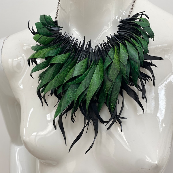 Curly upcycled bicycle inner tube statement necklace in black, red, green, or peacock colours, sustainable and eco-friendly gift
