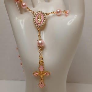 Pink Pearl Car Rosary (Gold) - Rosary for Rearview Mirror - Auto Rosary - Mini Rosary - Mother Mary