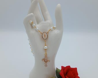 X*1#-YOUR CHOICE!  White Glass Pearl Beaded Car Rosary with Rhinestone Cross & Mother Mary Centerpiece Surrounded Rhinestones!