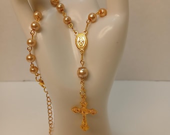 X*Gold Glass Pearl Beaded Car Rosary with Gold Cross & Mother Mary Centerpiece - Gold Pearl Car Rosary - Handcrafted Devotion on the Road