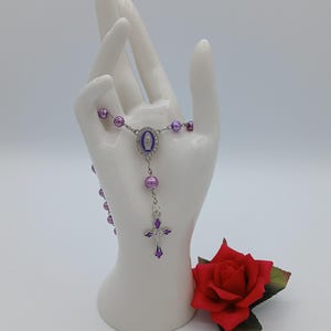 X*YOUR CHOICE!  Purple Glass Pearl Beaded Car Rosary in Silver or Gold with Purple Enamel Cross & Mary Centerpiece Surrounded by Rhinestones