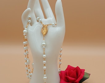 PG*Pearl Rosary With Gold Hardware - White Glass Pearl Beads - Traditional Catholic 5 Decade Prayer Beads - Gold Crucifix -  Handmade Rosary