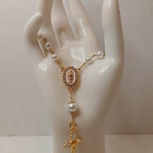 White Pearl Car Rosary (Gold) - Rosary for Rearview Mirror - Auto Rosary - Mini Rosary - Mother Mary