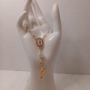 White with Clear Crytals Car Rosary (Gold) - Rosary for Rearview Mirror - Auto Rosary - Mini Rosary - Mother Mary