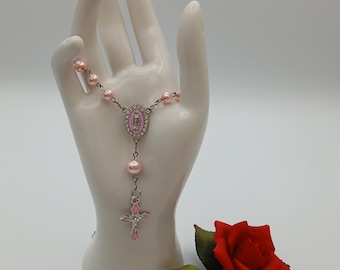 X*YOUR CHOICE!  Pink Glass Pearl Beaded Car Rosary in Silver or Gold - Pink Enamel Cross & Mary Centerpiece Surrounded by Rhinestones