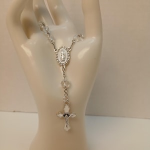 White with Clear Crytals Car Rosary (Silver) - Rosary for Rearview Mirror - Auto Rosary - Mini Rosary - Mother Mary