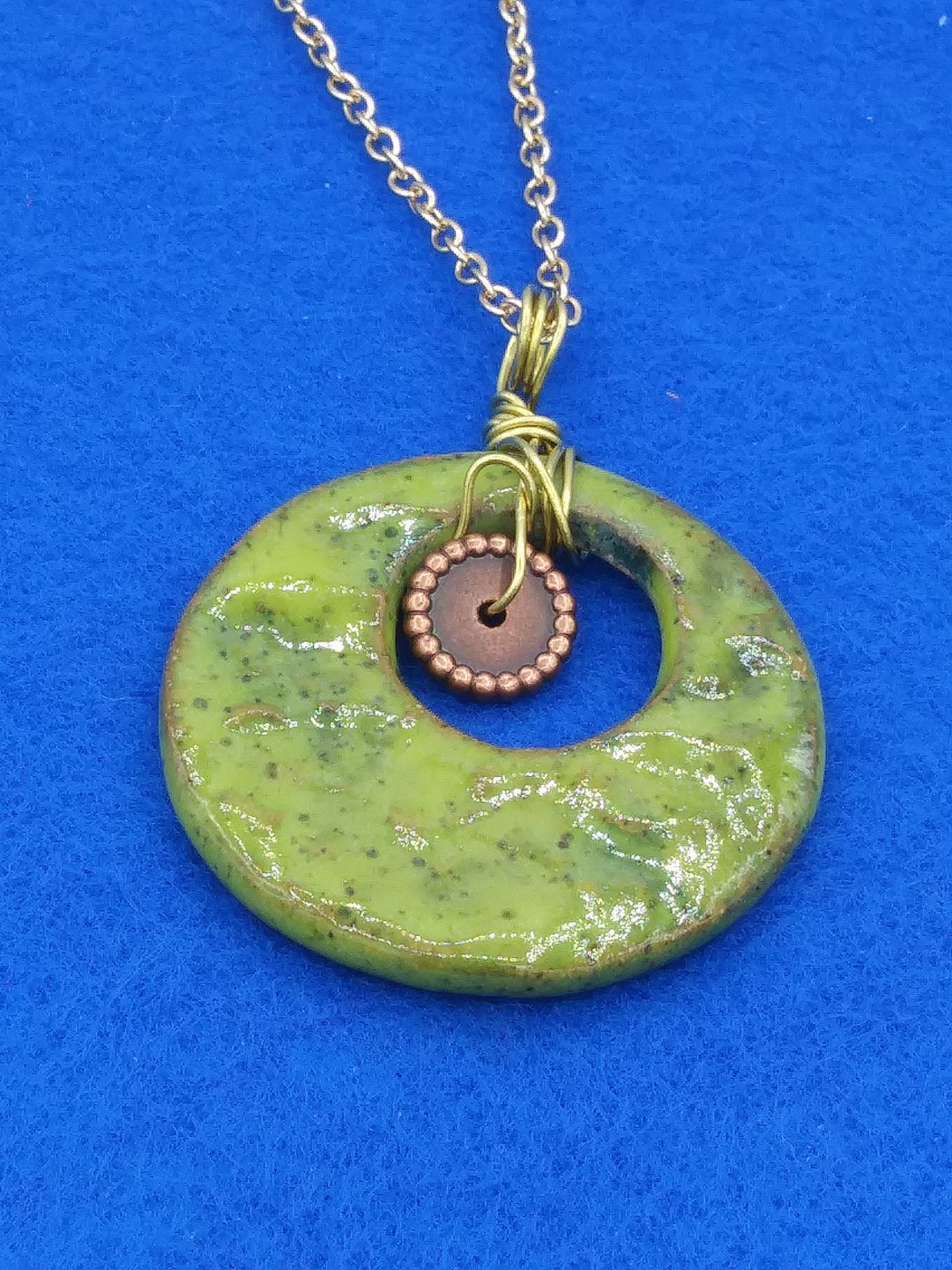 Handmade Ceramic Necklace With Copper Charm, Wire Wrapped, Holiday or