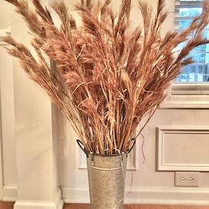 May include: A tall, silver metal vase with a rustic finish holds a large bouquet of dried pampas grass.