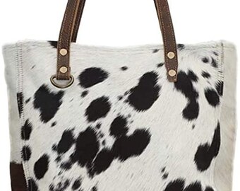 Real Cowhide Tote Hair on Black and White Cowhide Purse Bag Cow Hide Handbag Shoulder Bag Cow Skin Women bag Contrast Piping Tote Bags