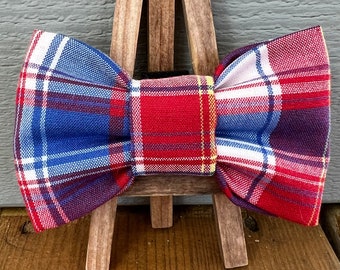 Red & blue w/yellow Plaid Dog Bow Tie, plaid dog bow tie, plaid pet bow tie, blue plaid dog bow tie, gingham dog bow ties, plaid pet bow