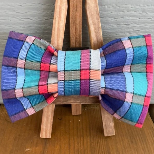 Multicolored Vintage Plaid Dog Bow Tie, plaid dog bow tie, plaid pet bow tie, blue plaid dog bow tie, gingham dog bow ties, plaid pet bow