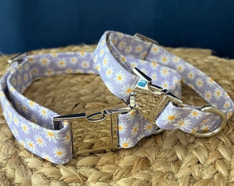 Lavender Daisy Dog Collar, floral dog collar Handmade 100% Cotton fabric with heavy duty webbing and hardware, dog collars