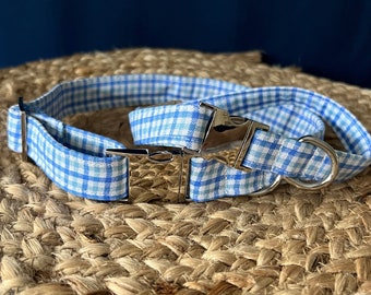 Blue plaid Dog Collar, gingham dog collar Handmade 100% Cotton fabric with heavy duty webbing and hardware, dog collars