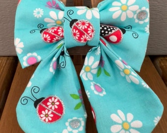 Lady Bugs & Flowers Sailor Bow, Dog Bow, Summer Dog Sailor Bow