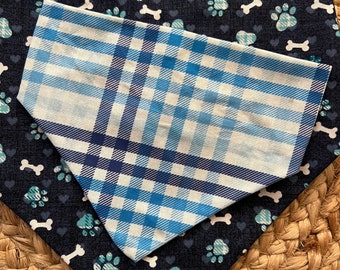 Blue Plaid & Paw Print  reversible Snap-On Bandana, pet bandana, dog bandana, cute pet bandana, snap on bandana,  dog bandanas