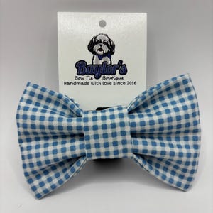 Light Blue Gingham Dog Bow Tie: Preppy Plaid Pet Bowtie Handmade to order
