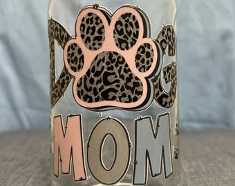 Dog Mom glass can with or without bamboo lid & glass straw, paw print glass can, dog mom glass, dog themed cups