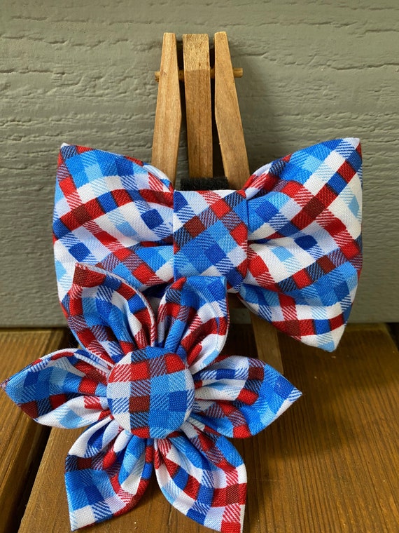 Patriotic Plaid Bow Tie Dog Collar