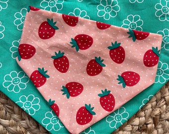 Strawberry & smiley flowers reversible Snap-On Bandana, pet bandana, dog bandana, cute pet bandana, snap on bandana,  dog bandanas