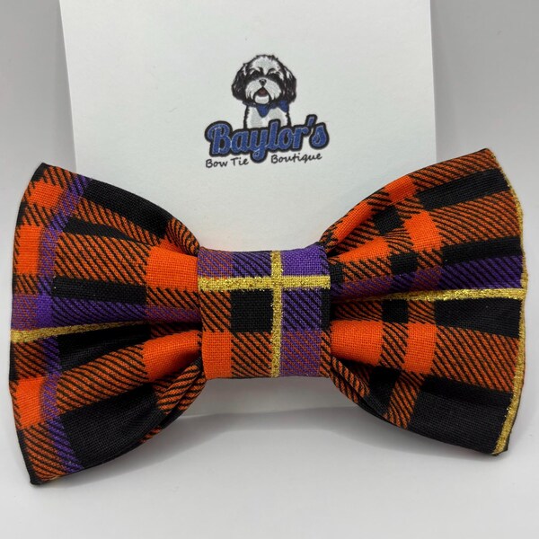 Halloween Plaid Dog Bow Tie: Gold Glitter, Handmade Pet Collar Accessory Handmade to order