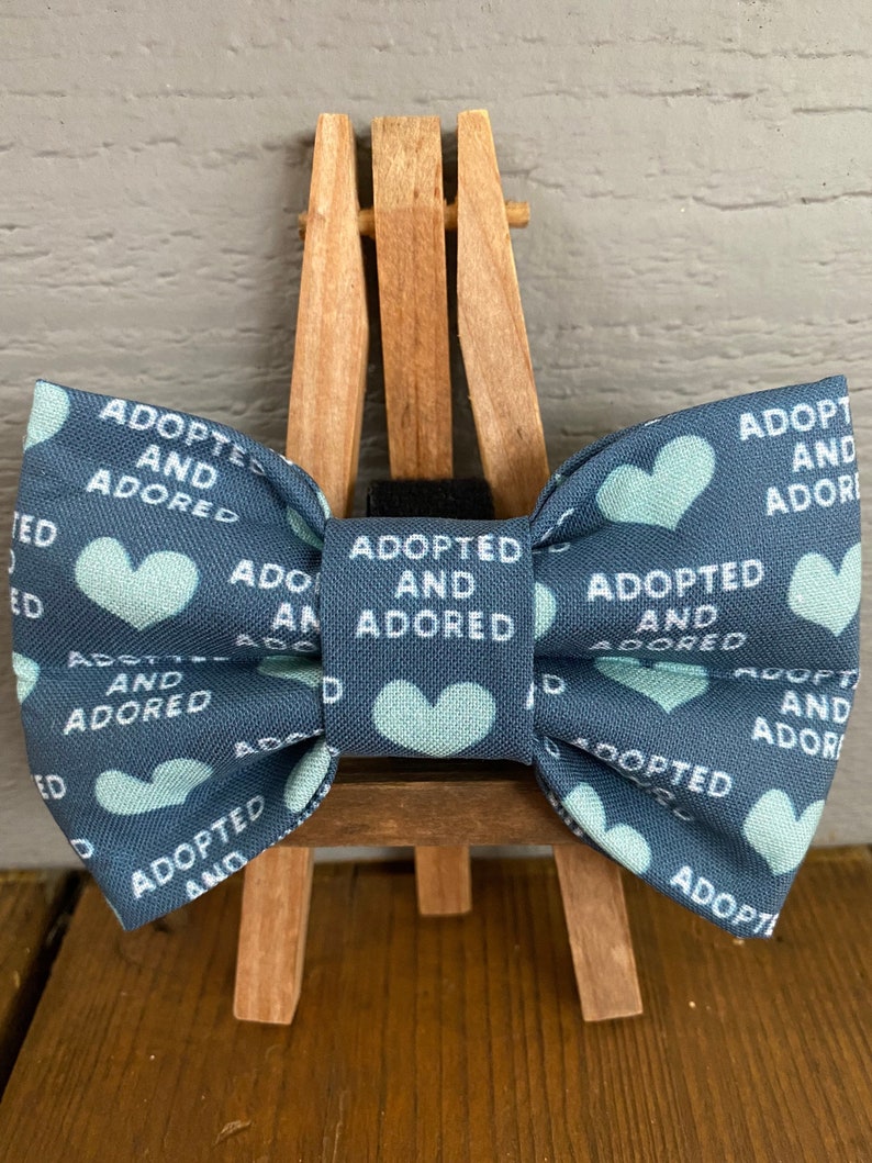 May include: A blue bow tie with white text that reads "Adopted and Adored" and features a light blue heart pattern.