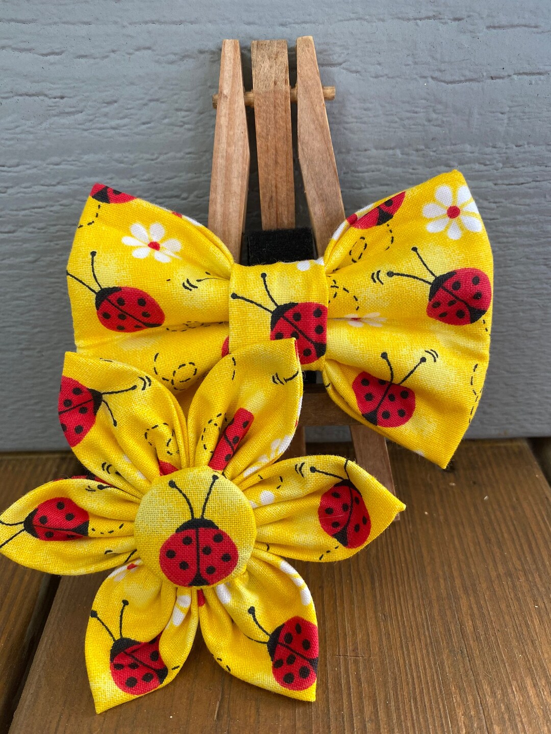 Yellow Lady Bug Dog Bow Tie OR Collar Flower, Summer Pet Bow Ties, Bow