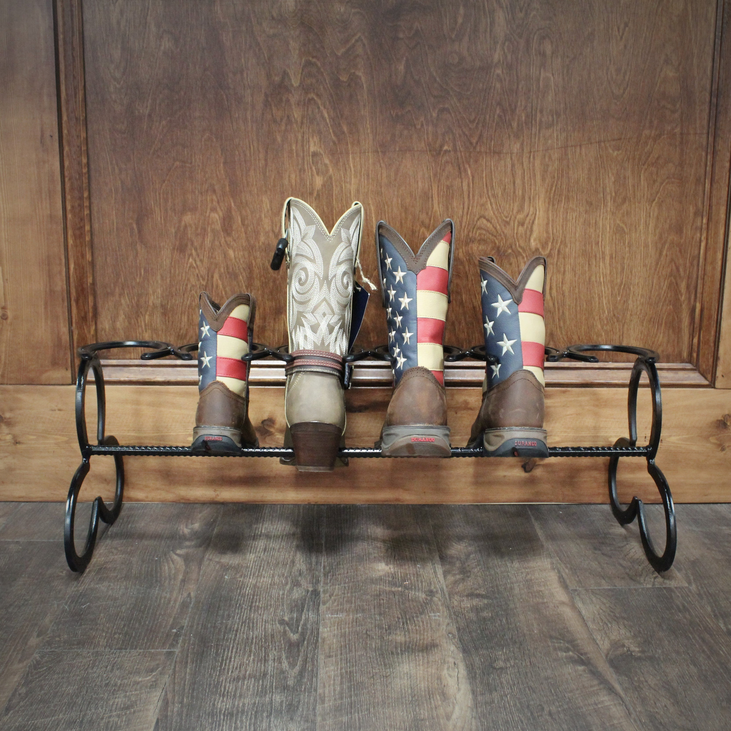 Rustic Standing Horseshoe Boot Rack - 3 Pairs - The Heritage Forge