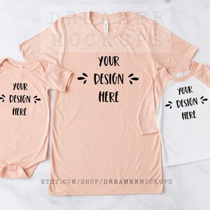 May include: A set of three peach-colored shirts with the text "Your Design Here" on each. The shirts are a long-sleeved adult shirt, a short-sleeved toddler shirt, and a short-sleeved baby onesie.