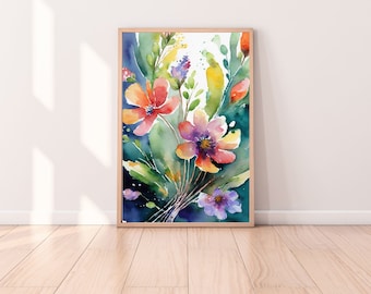 Arte imprimible de acuarela floral / Arte floral de pared / Impresión digital de flores / Arte de pared con flores coloridas / Arte botánico de pared / Impresión floral